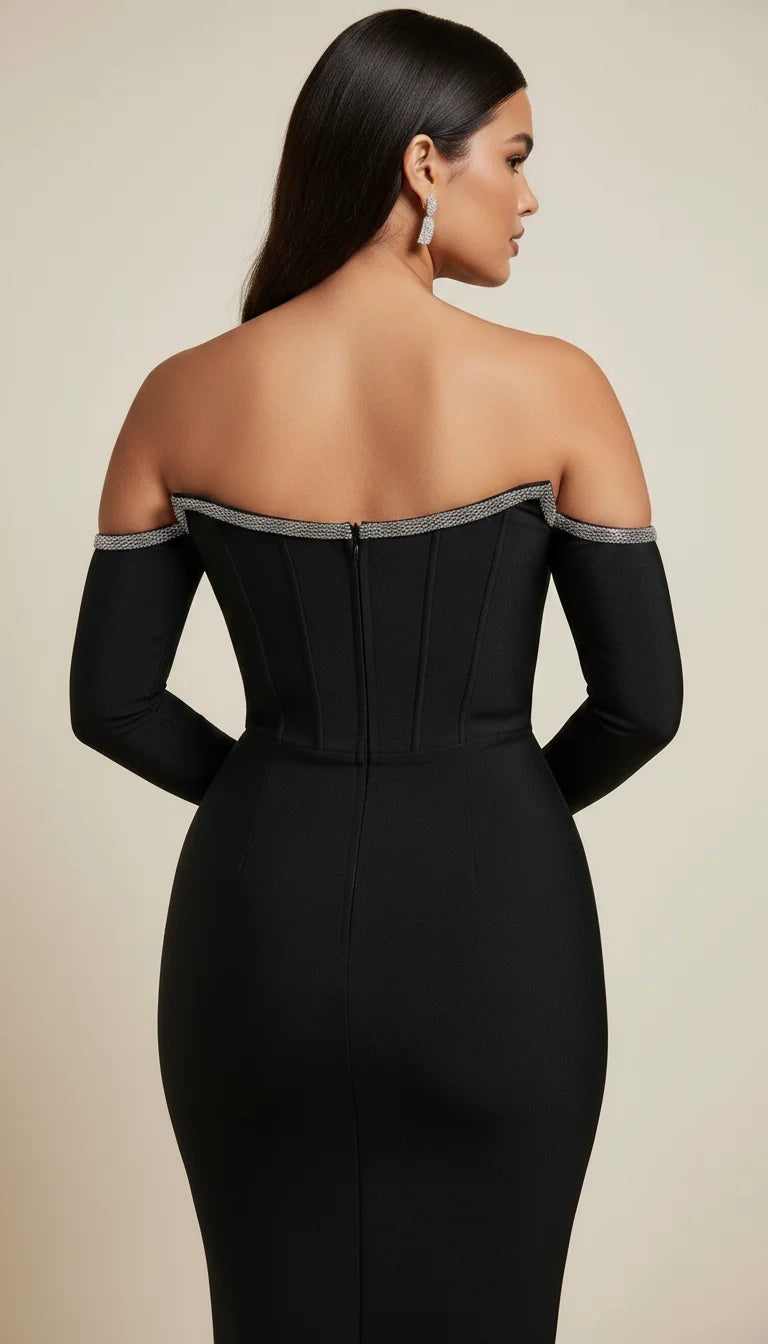Robe Corset Épaules Dénudées Noire Scintillante - Vue dos