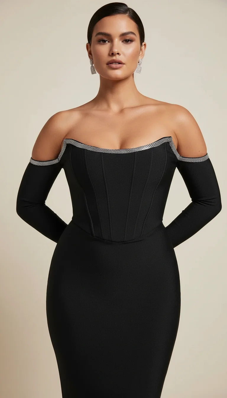 Robe Corset Épaules Dénudées Noire Scintillante - Vue principale