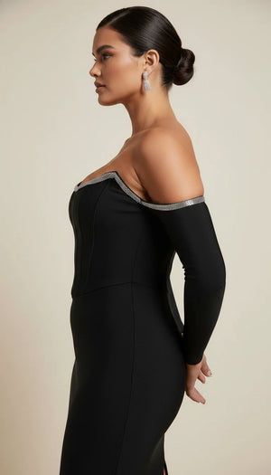 Robe Corset Épaules Dénudées Noire Scintillante - Vue profil