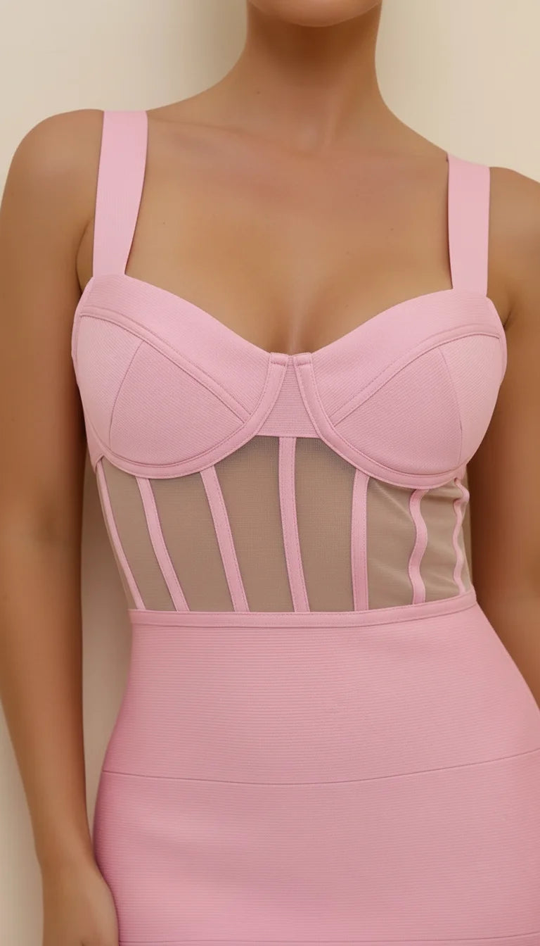Robe Corset Fendue Résille Rose Vif - Vue face