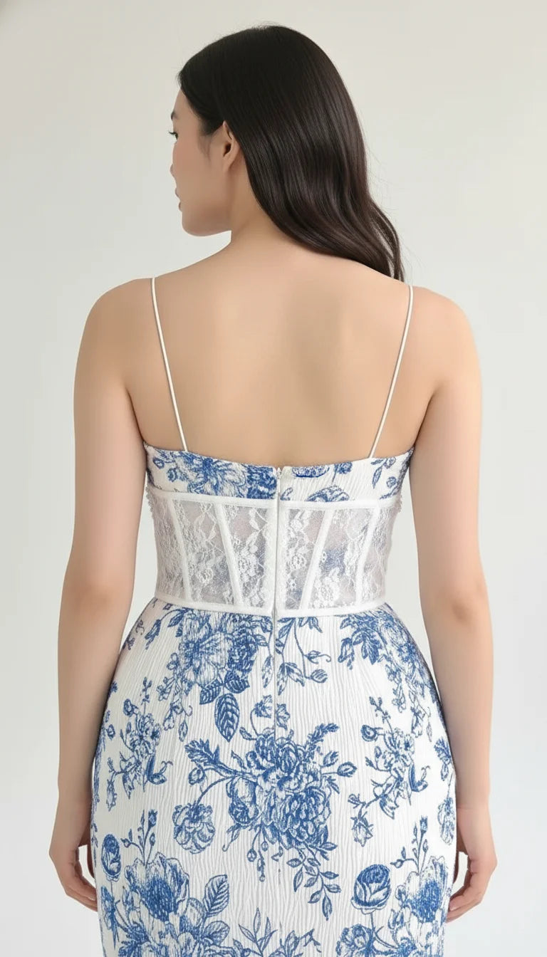 Robe Corset Fleurie Blanche Bleue - Vue dos