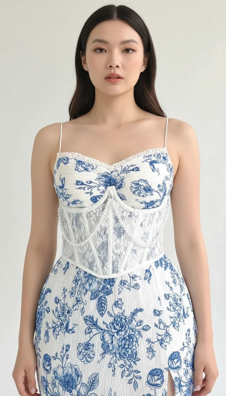 Robe Corset Fleurie Blanche Bleue - Vue principale