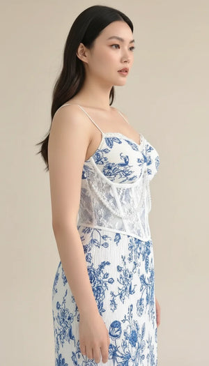 Robe Corset Fleurie Blanche Bleue - Vue profil