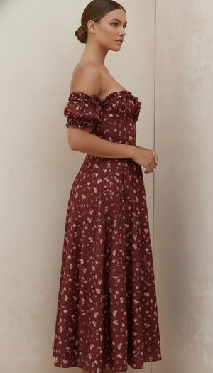 Robe Corset Fleurie Bordeaux - Vue profil