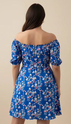 Robe Corset Fleurie Manches Bouffantes Bleu Azur - Vue dos