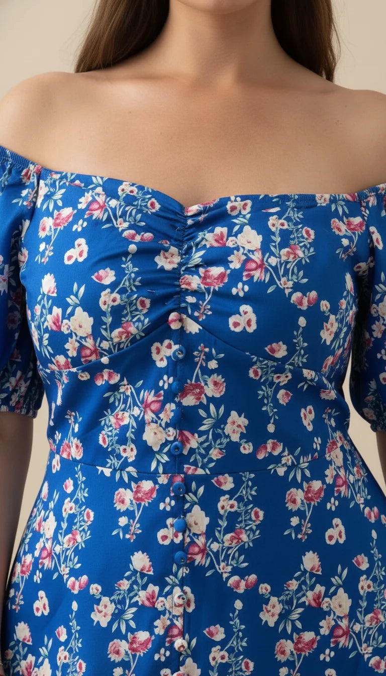 Robe Corset Fleurie Manches Bouffantes Bleu Azur - Vue face