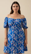 Robe Corset Fleurie Manches Bouffantes Bleu Azur