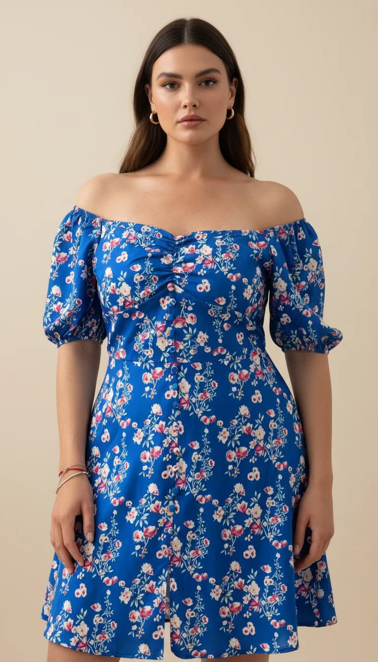 Robe Corset Fleurie Manches Bouffantes Bleu Azur - Vue principale