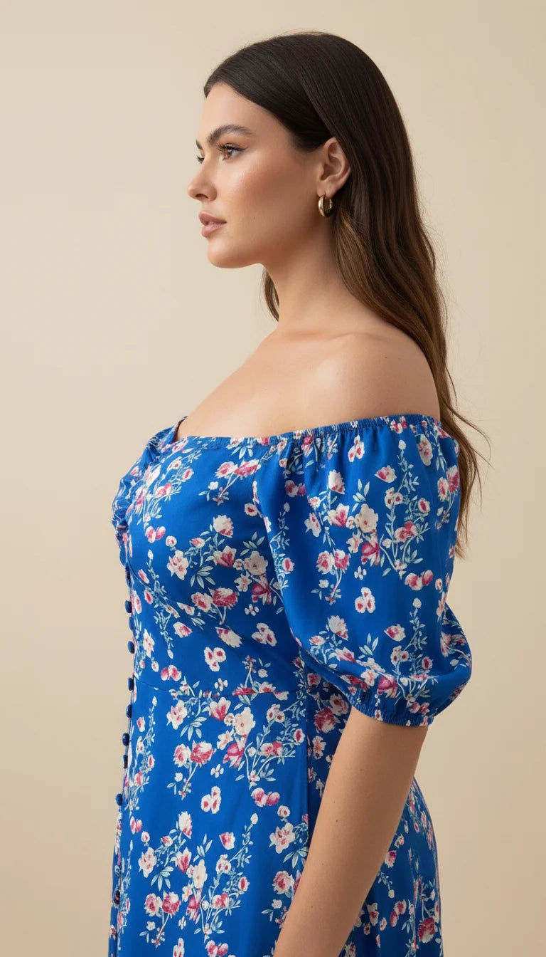 Robe Corset Fleurie Manches Bouffantes Bleu Azur - Vue profil
