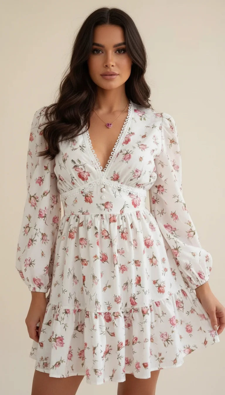 Robe Corset Fleurie Roses Poudrées - Vue principale