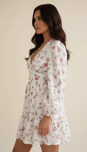Robe Corset Fleurie Roses Poudrées - Vue profil