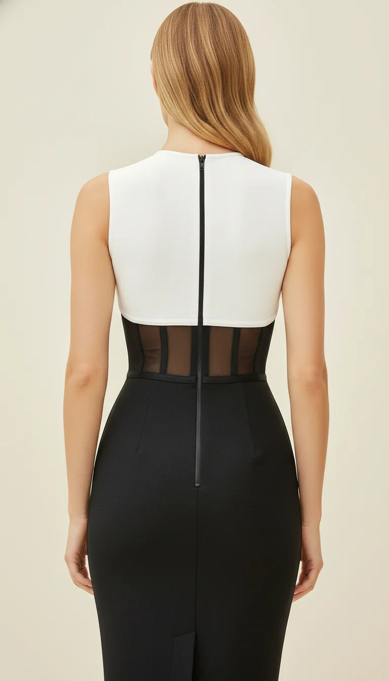 Robe Corset Fourreau Bicolore Mesh Noir et Blanc - Vue dos