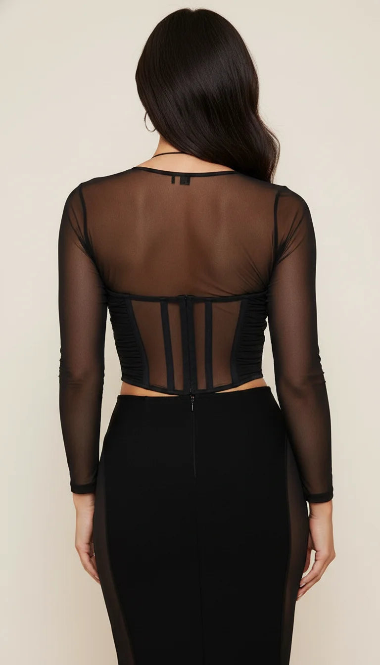 Robe Corset Fourreau Buste Résille Noir - Vue dos