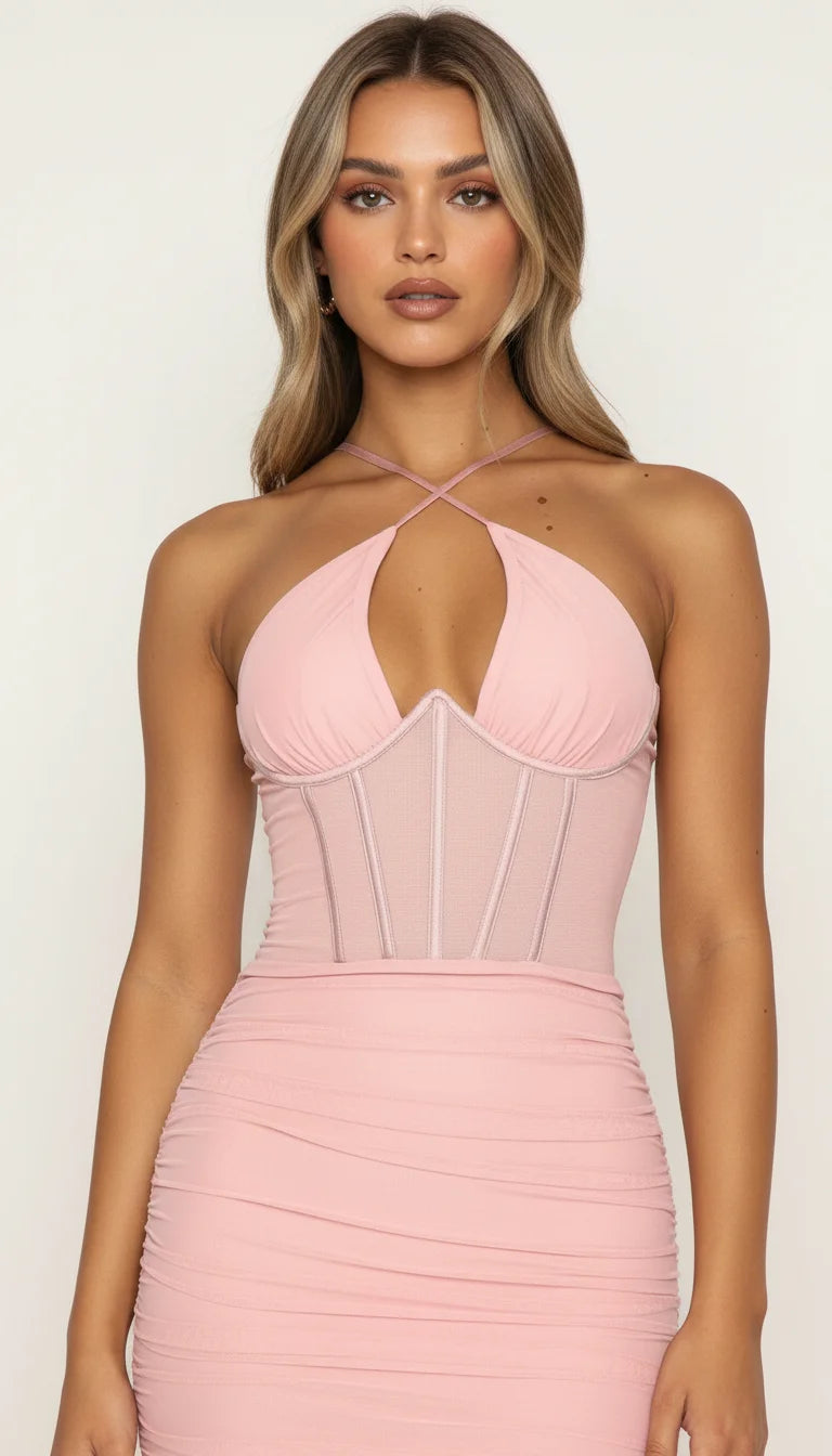 Robe Corset Froncée Rose Poudré
