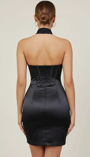 Robe Corset Halter Satin Noir - Vue dos