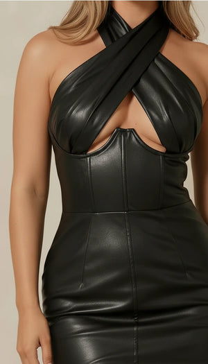 Robe Corset Halter Simili Cuir Noir - Vue face