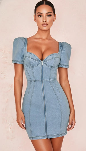 Robe Corset Jean Manches Bouffantes - Vue principale