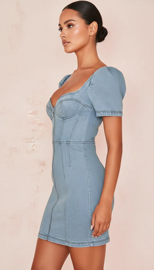 Robe Corset Jean Manches Bouffantes - Vue profil