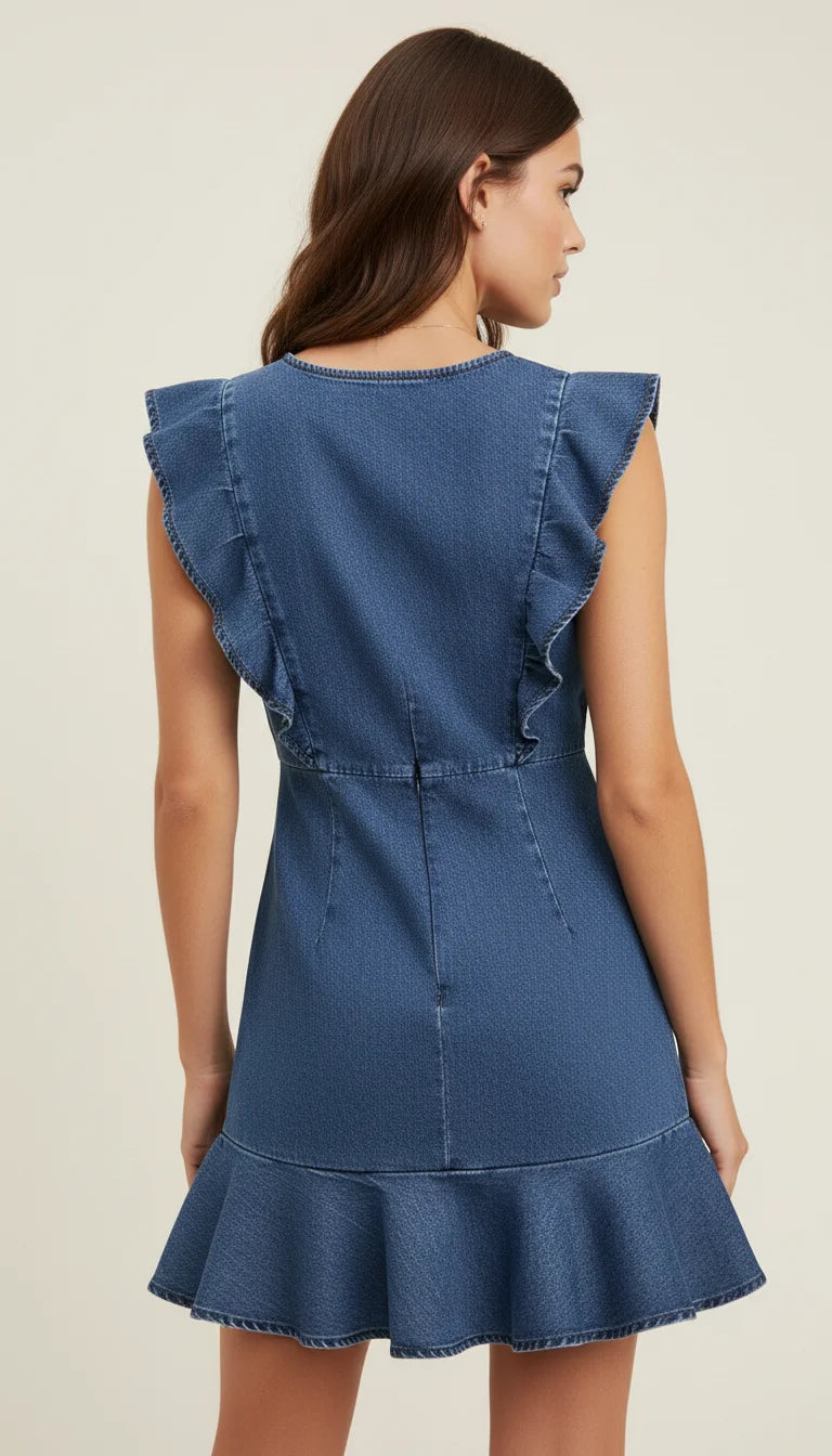 Robe Corset Jean Volants Bleu - Vue dos