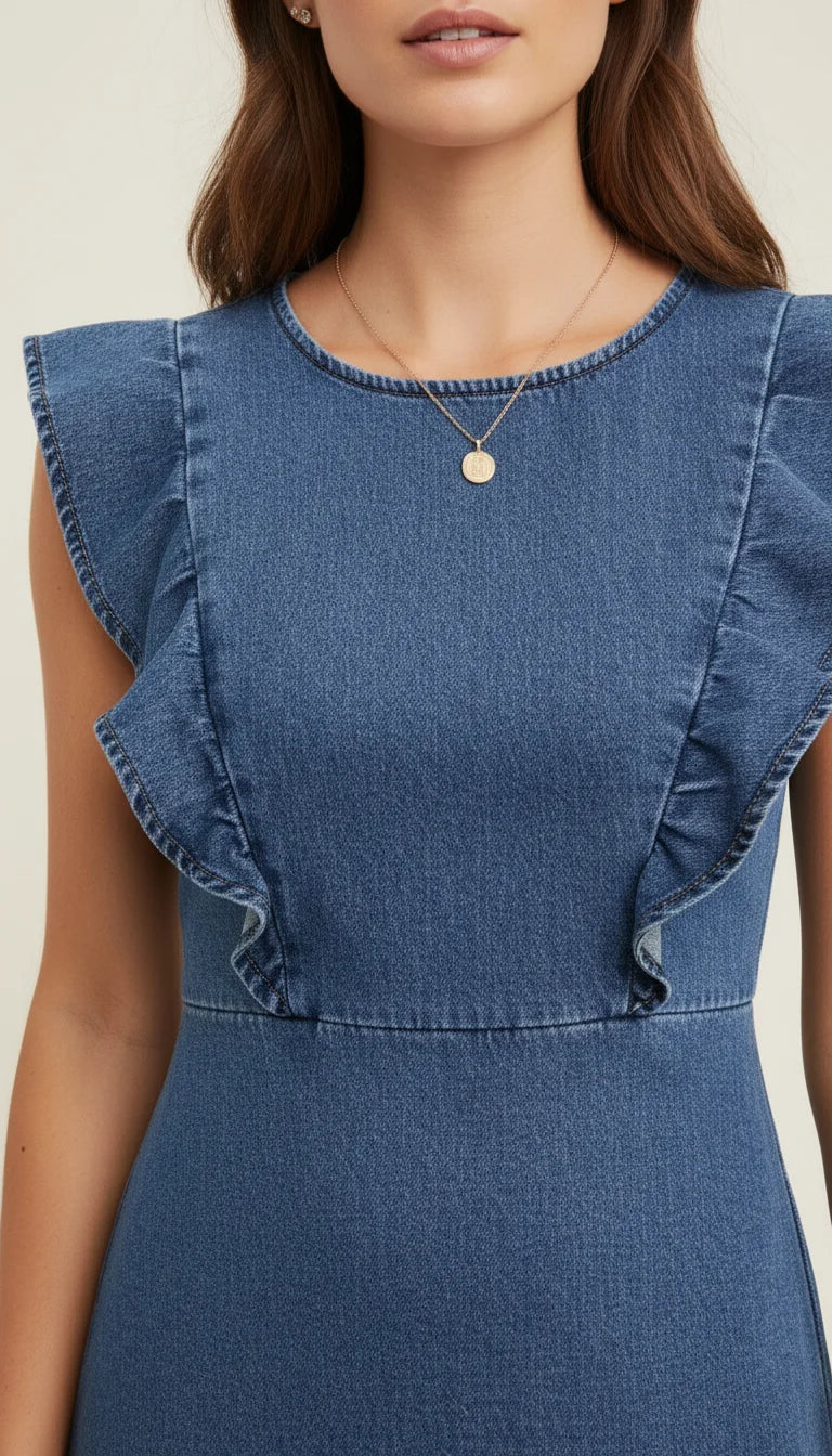 Robe Corset Jean Volants Bleu - Vue face