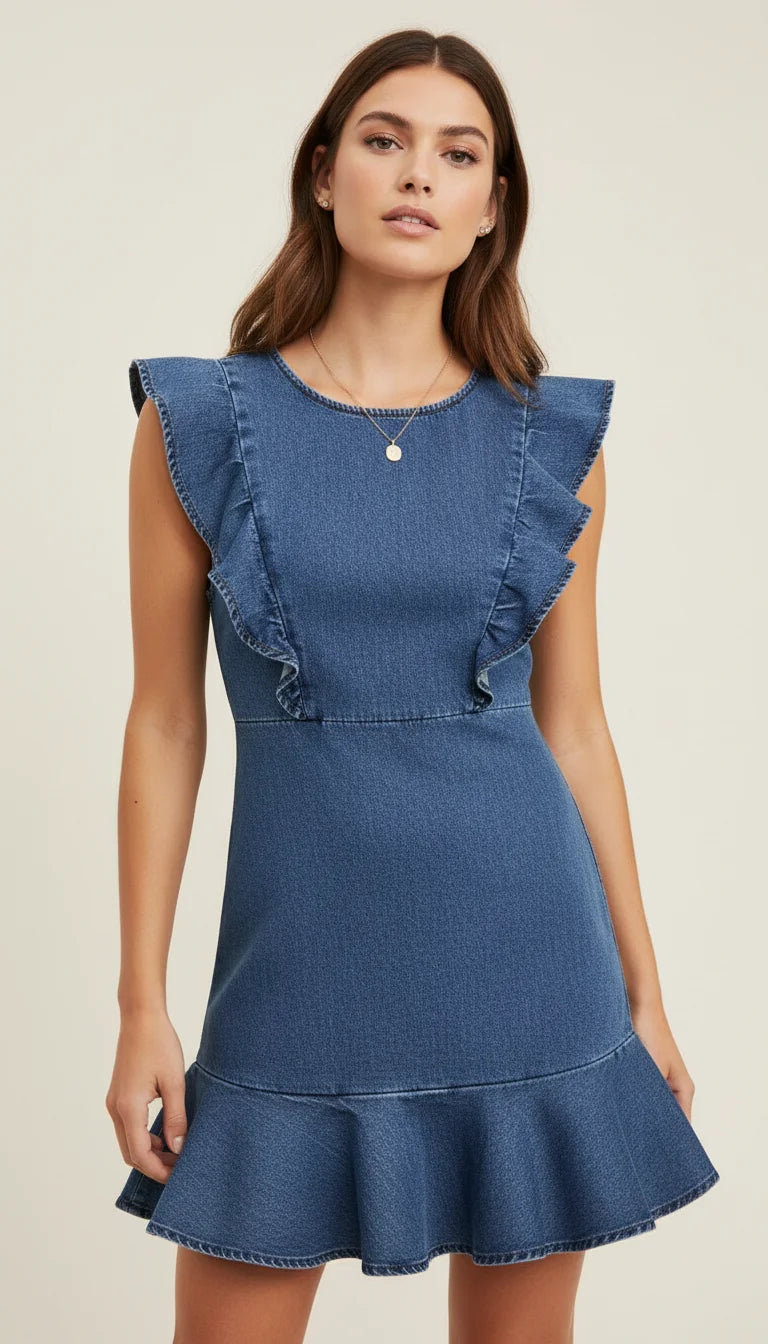 Robe Corset Jean Volants Bleu