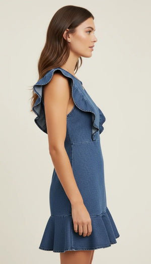 Robe Corset Jean Volants Bleu - Vue profil