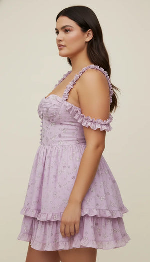 Robe Corset Lavande Fleurie Volants - Vue profil