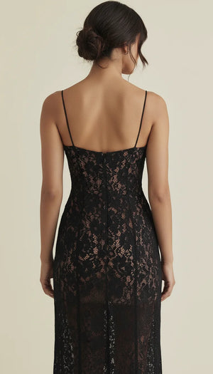 Robe Corset Longue Dentelle Noire Fendue - Vue dos