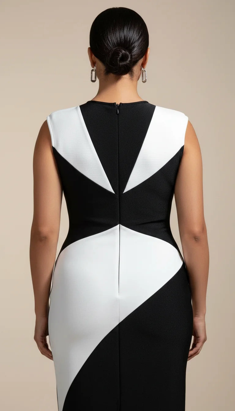 Robe Corset Longue Géométrique Noir Blanc - Vue dos