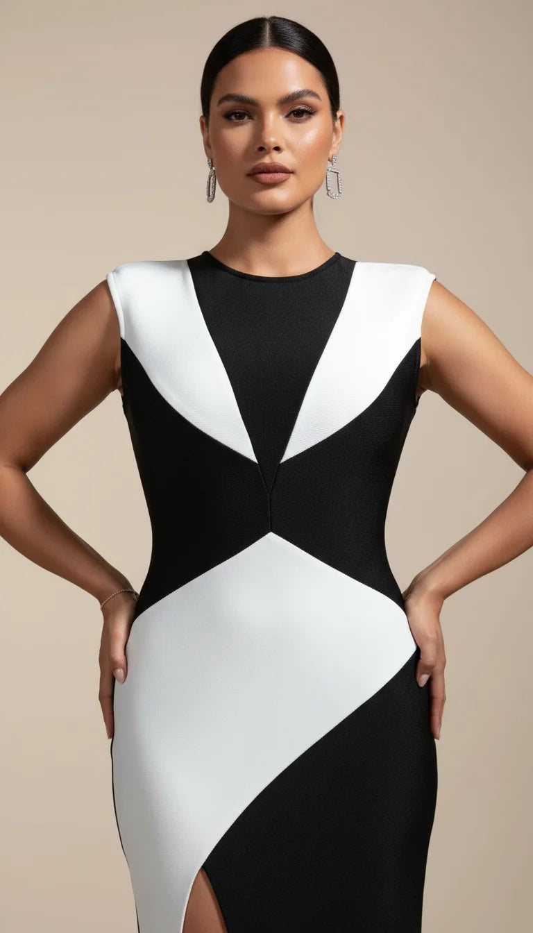 Robe Corset Longue Géométrique Noir Blanc - Vue principale