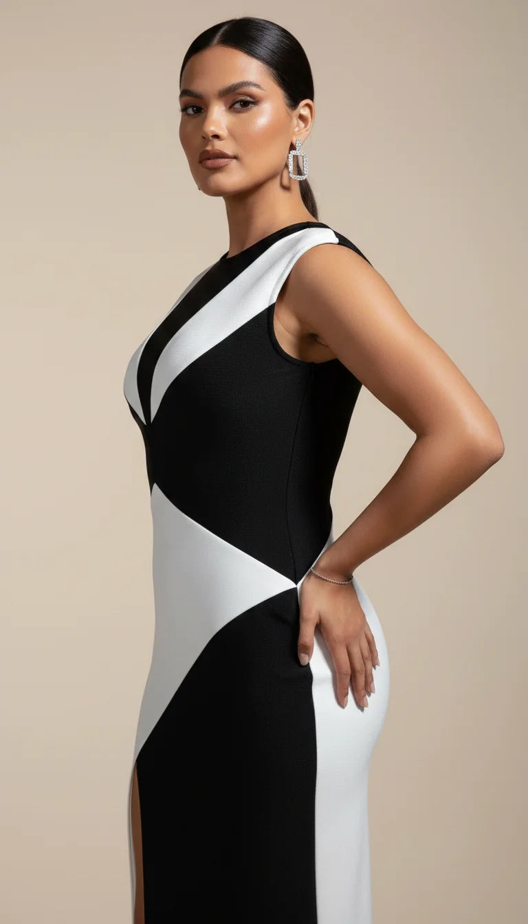Robe Corset Longue Géométrique Noir Blanc - Vue profil