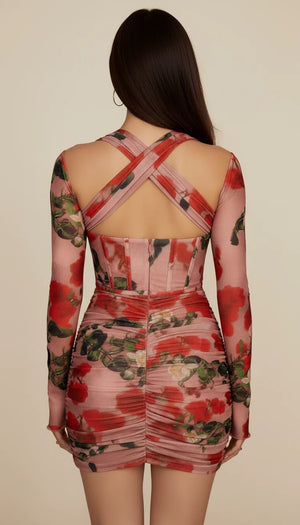 Robe Corset Maille Fleurie Rosée - Vue dos