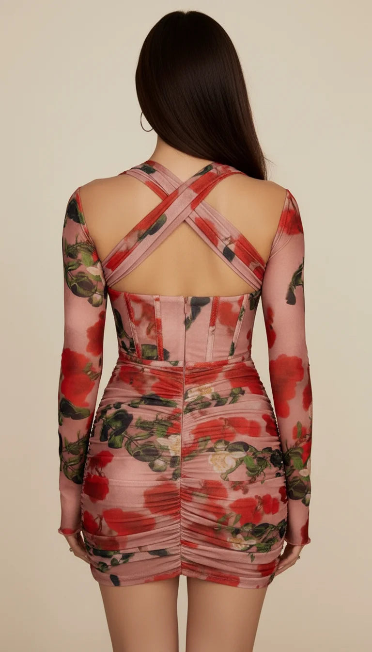 Robe Corset Maille Fleurie Rosée - Vue dos