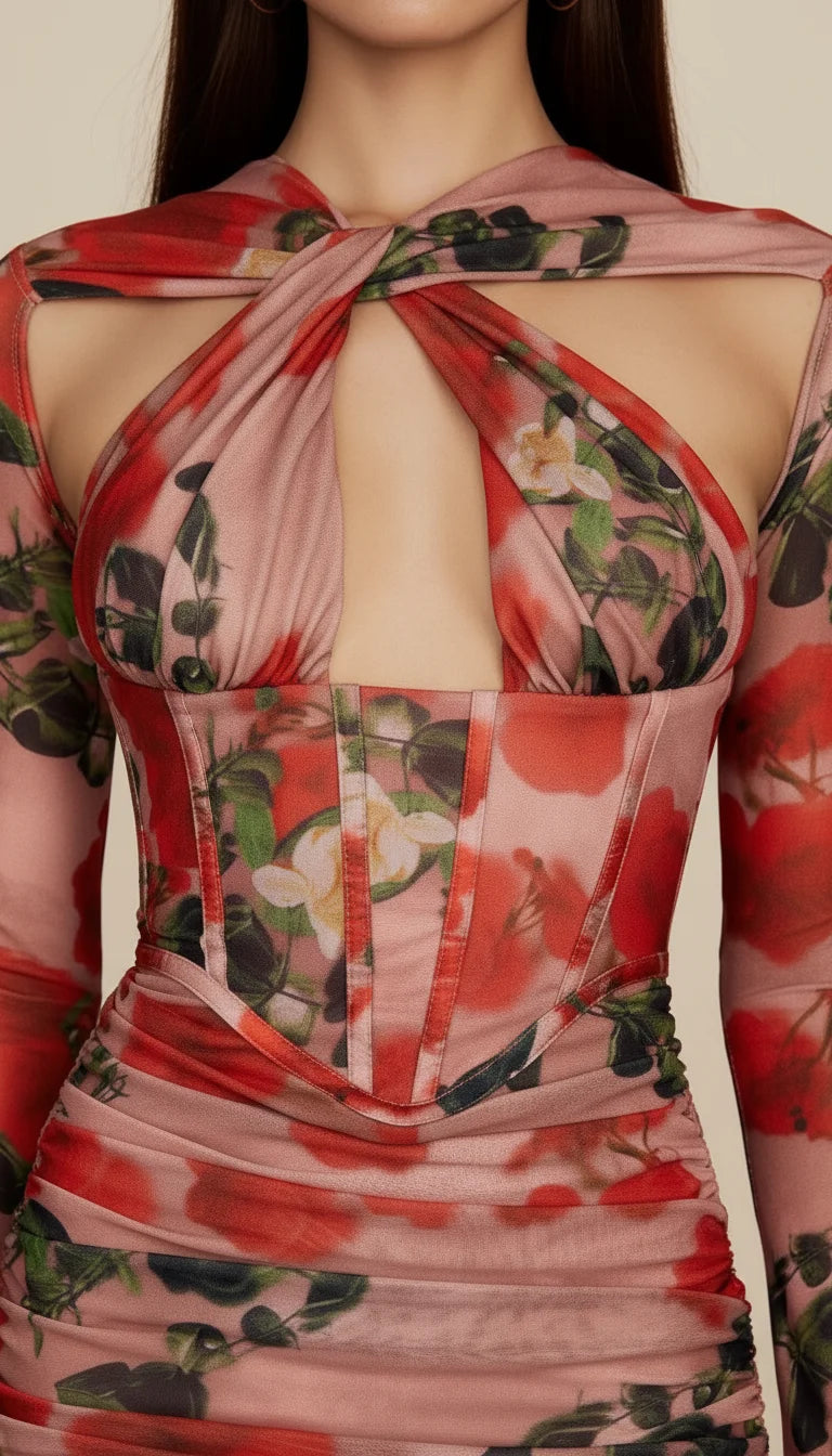 Robe Corset Maille Fleurie Rosée - Vue face