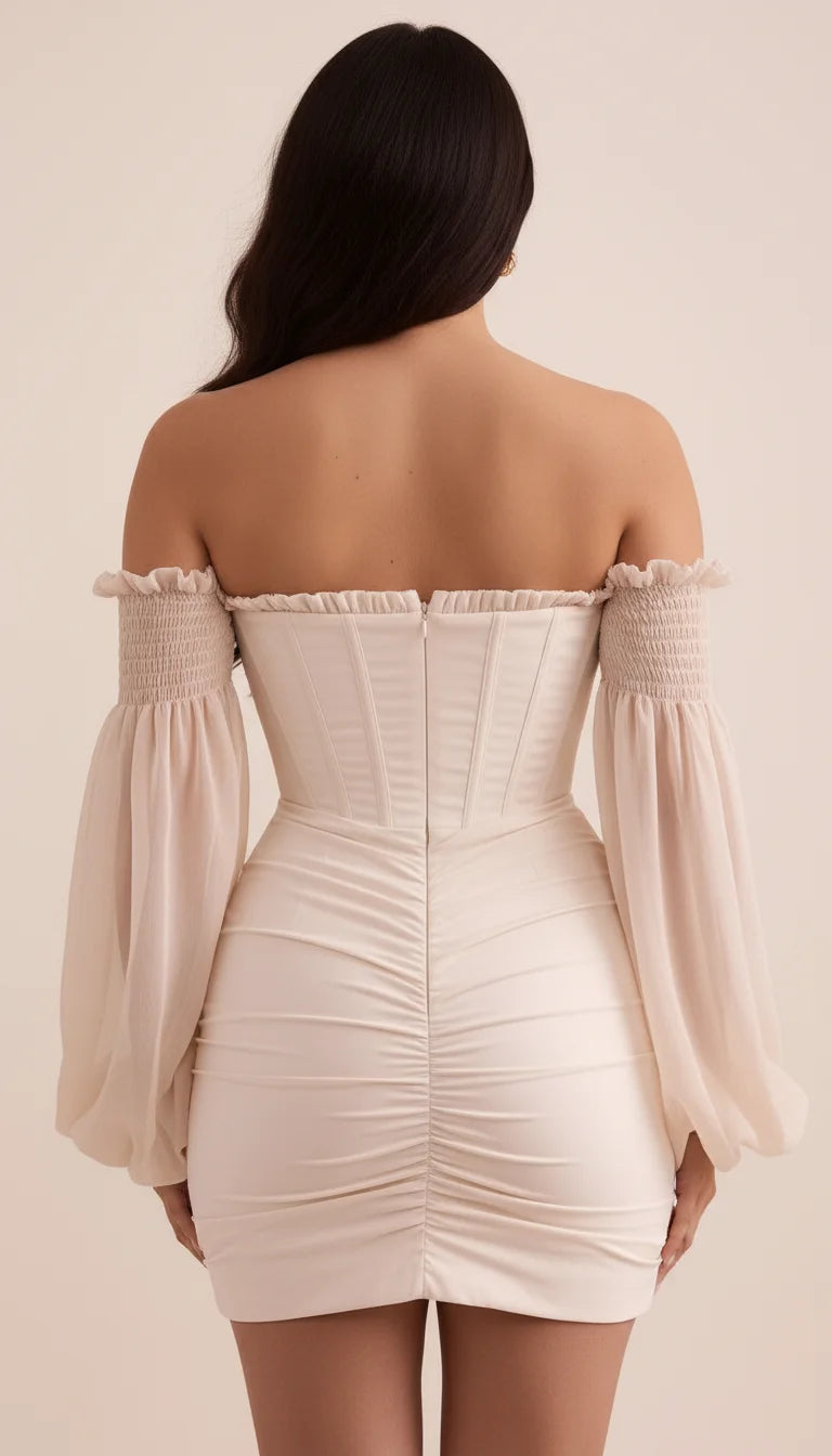 Robe Corset Manches Bouffantes Crème - Vue dos