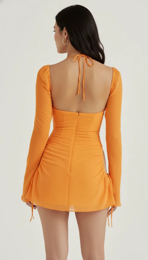 Robe Corset Manches Longues Froncée Orange Vif - Vue dos