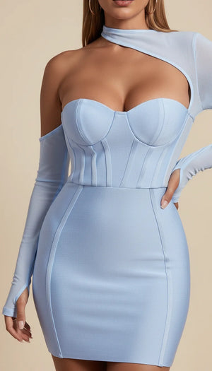 Robe Corset Manches Maille Bleu Ciel - Vue face