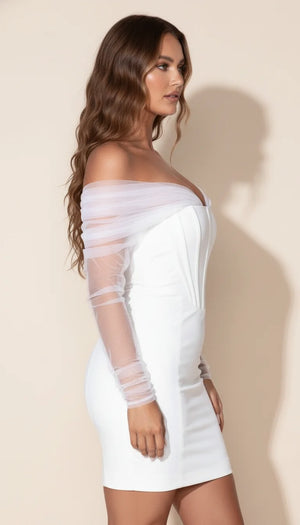 Robe Corset Manches Organza Blanche - Vue profil