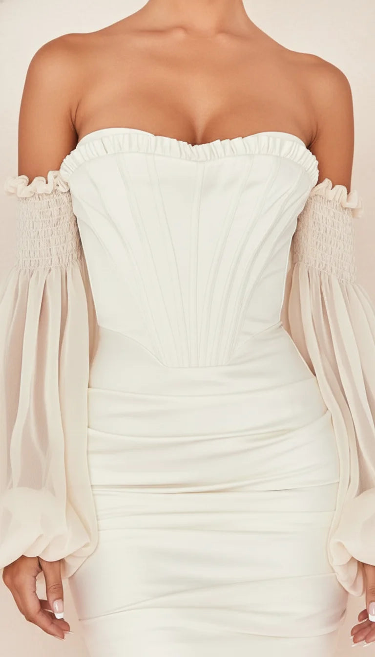 Robe Corset Manches Organza Ivoire - Vue face