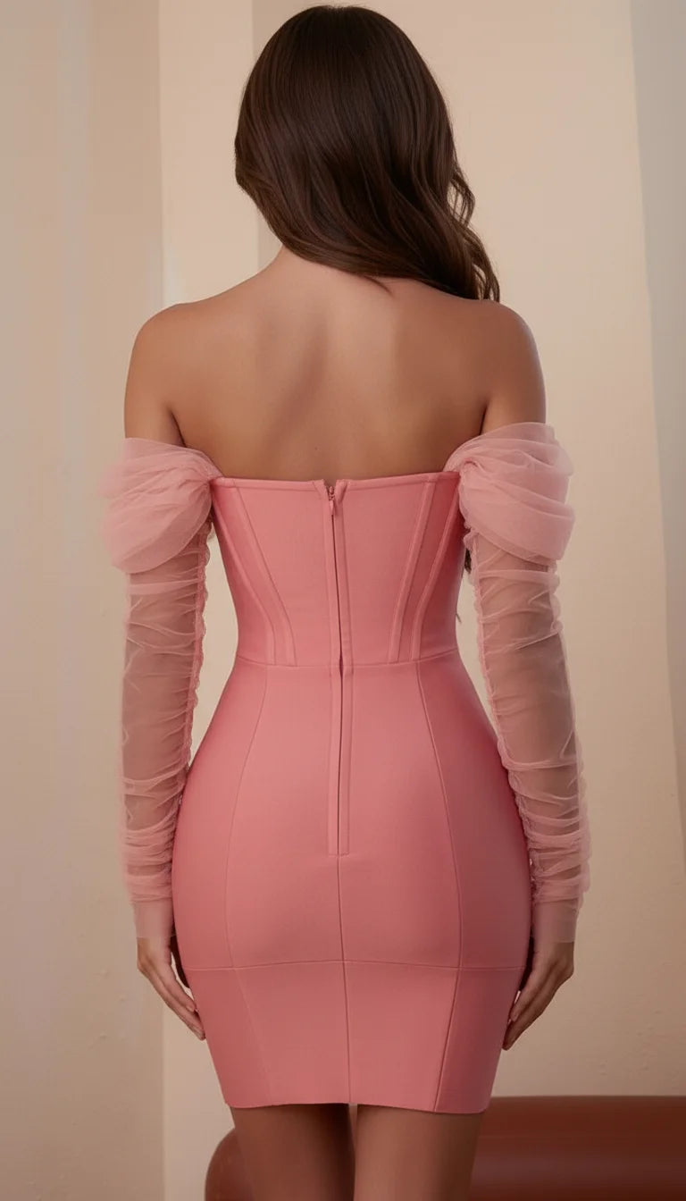 Robe Corset Manches Tulle Rose Poudré - Vue dos
