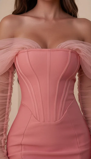 Robe Corset Manches Tulle Rose Poudré - Vue face