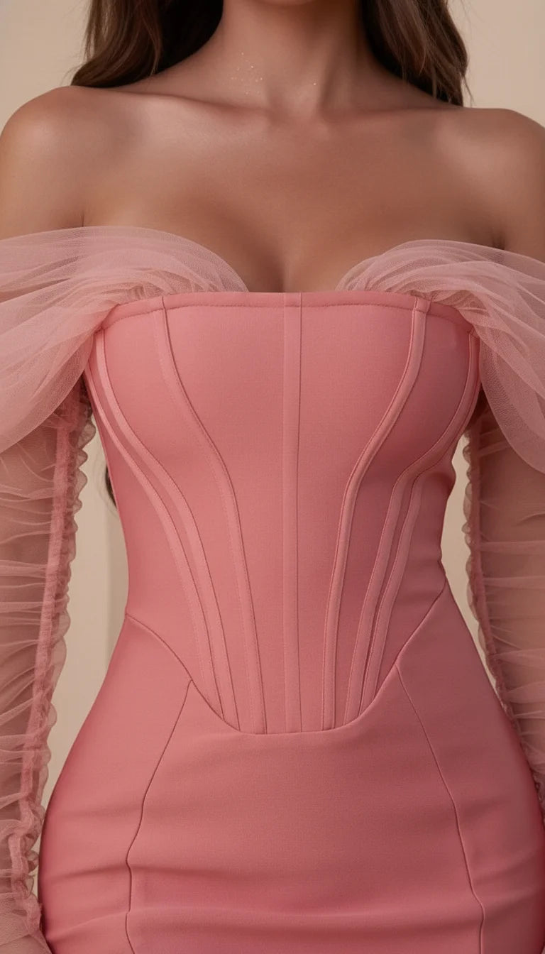 Robe Corset Manches Tulle Rose Poudré - Vue face