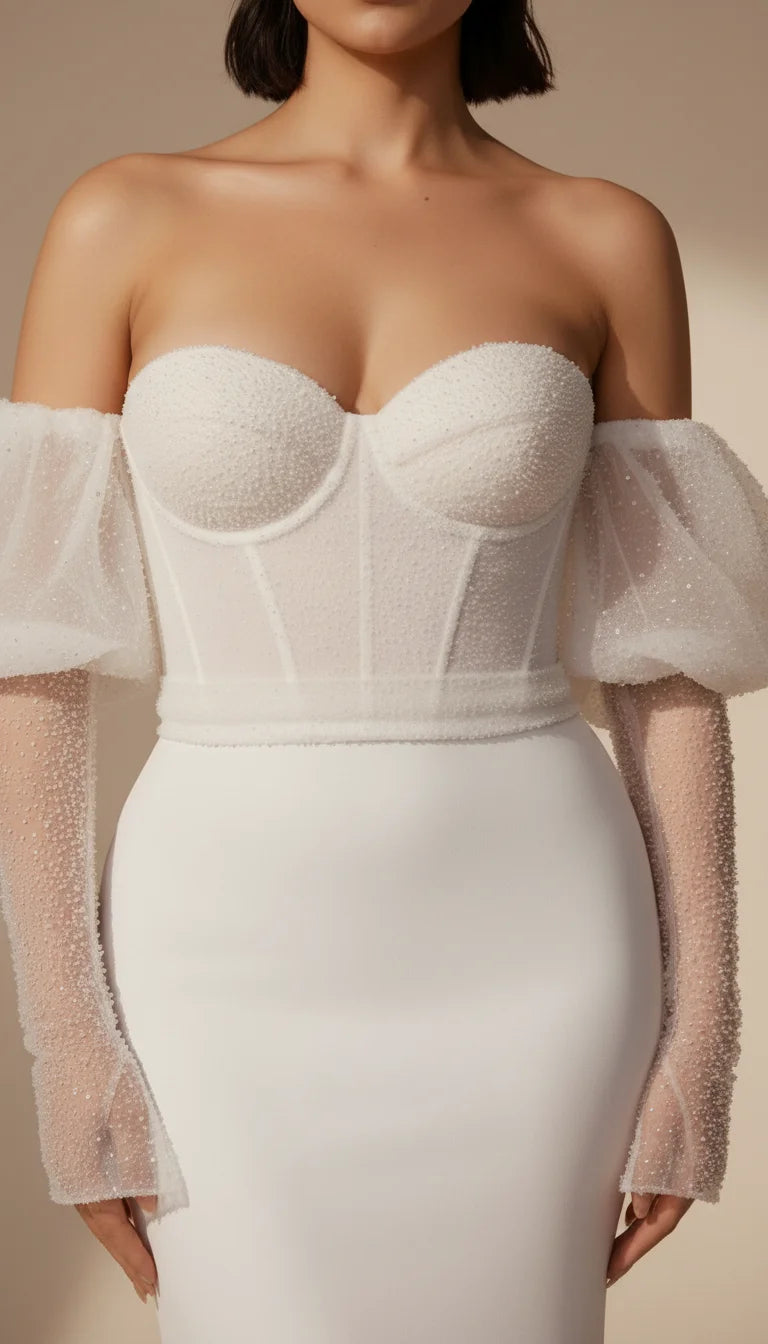 Robe Corset Mariée Crêpe Perles - Vue face