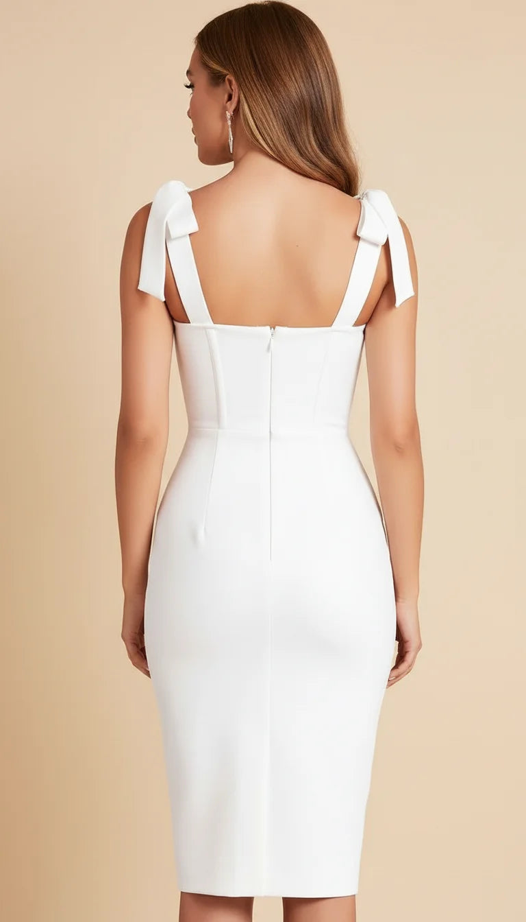 Robe Corset Midi Bretelles Nouées Blanc Pur - Vue dos