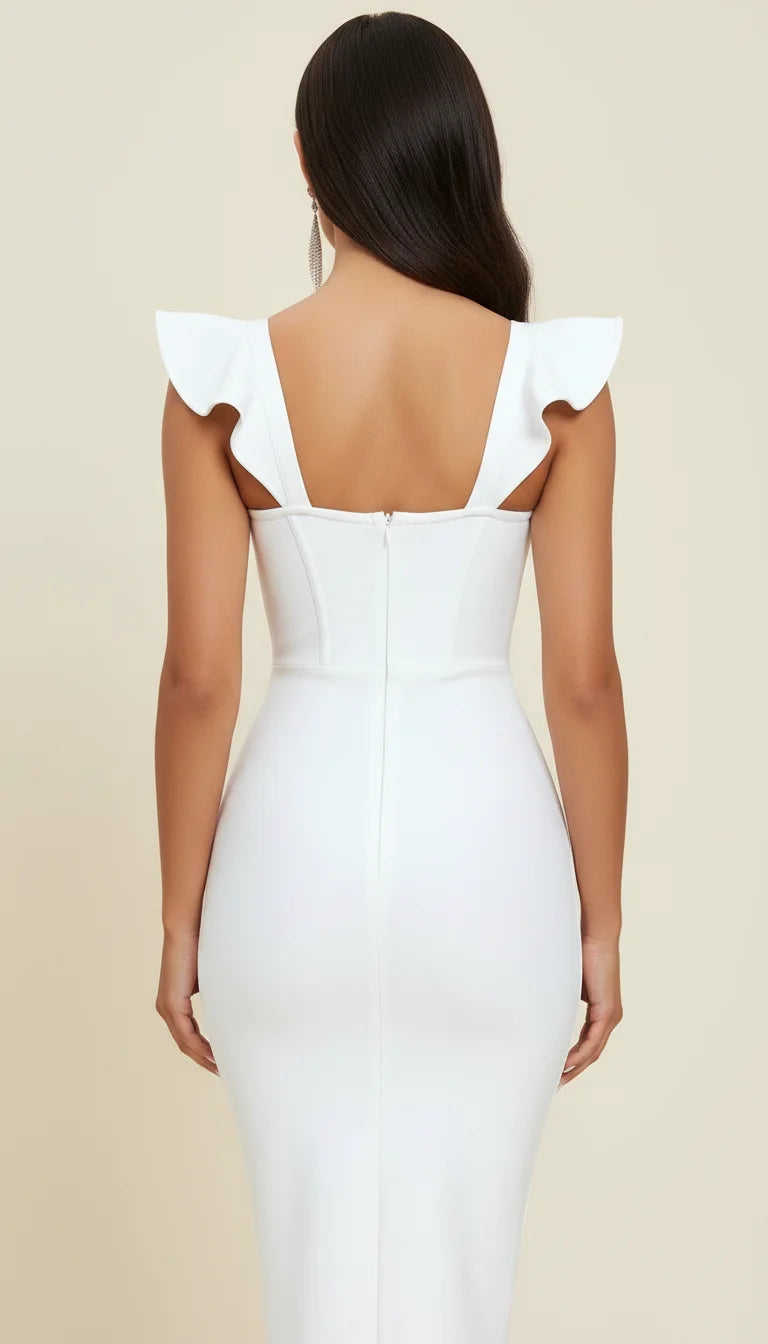 Robe Corset Midi Bretelles Volants Blanc Pur - Vue dos
