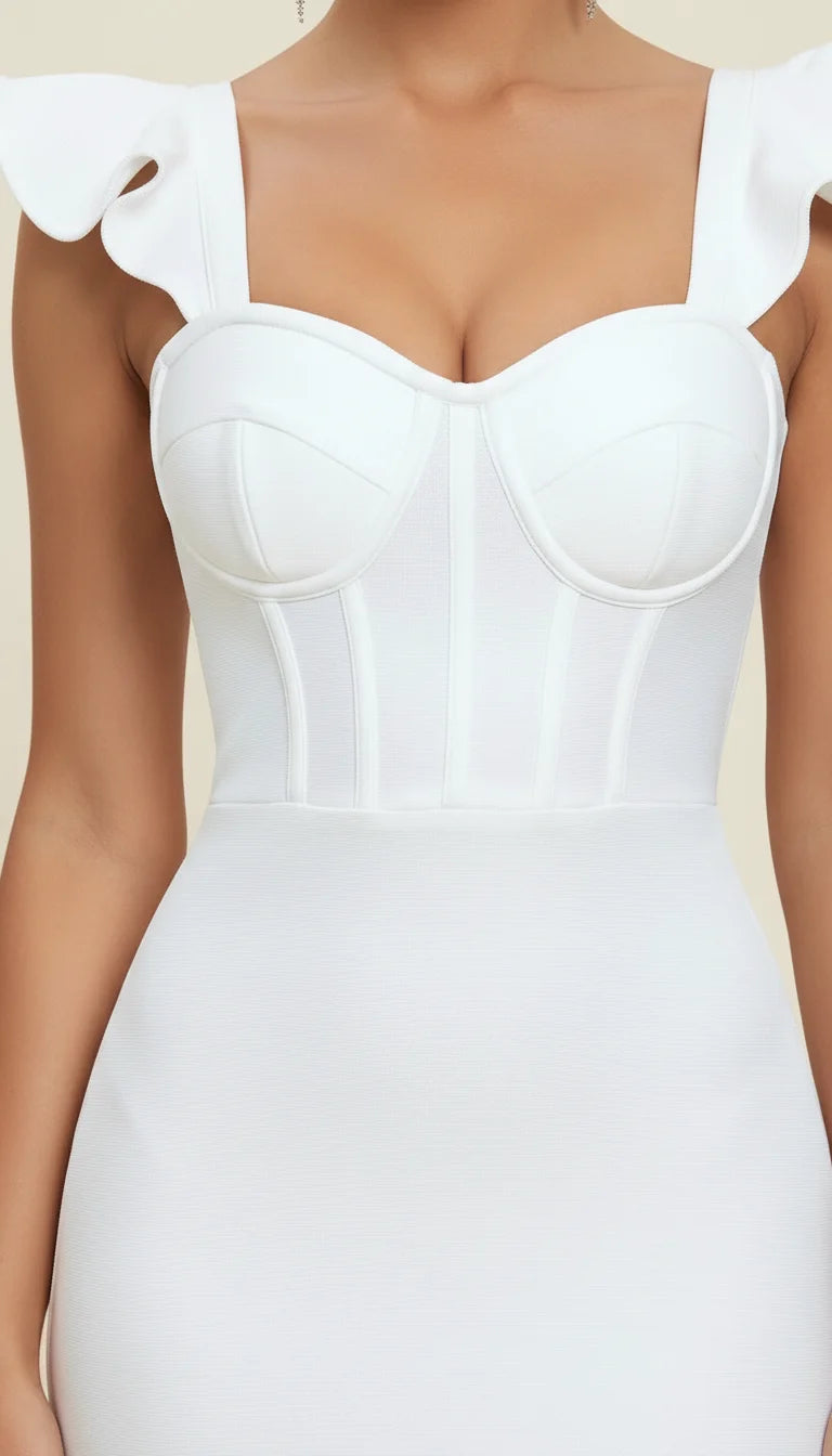Robe Corset Midi Bretelles Volants Blanc Pur - Vue face