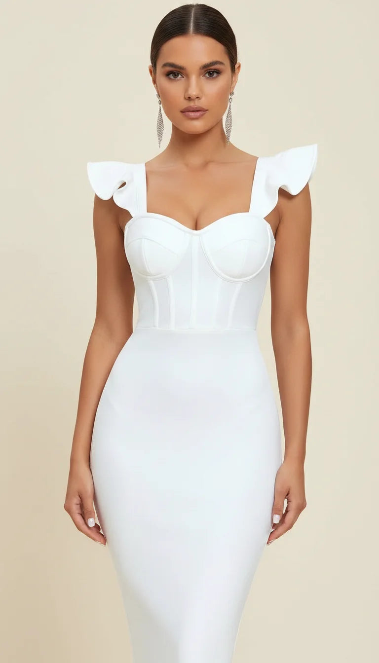 Robe Corset Midi Bretelles Volants Blanc Pur