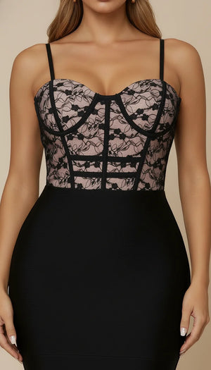 Robe Corset Midi Dentelle Noire - Vue face