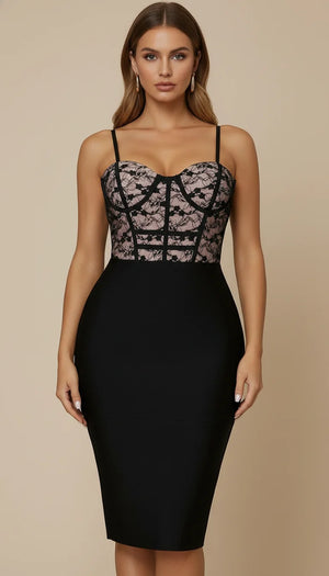 Robe Corset Midi Dentelle Noire - Vue principale