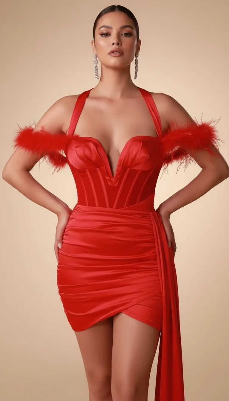 Robe Corset Mini Plumes Satin Rouge - Vue principale
